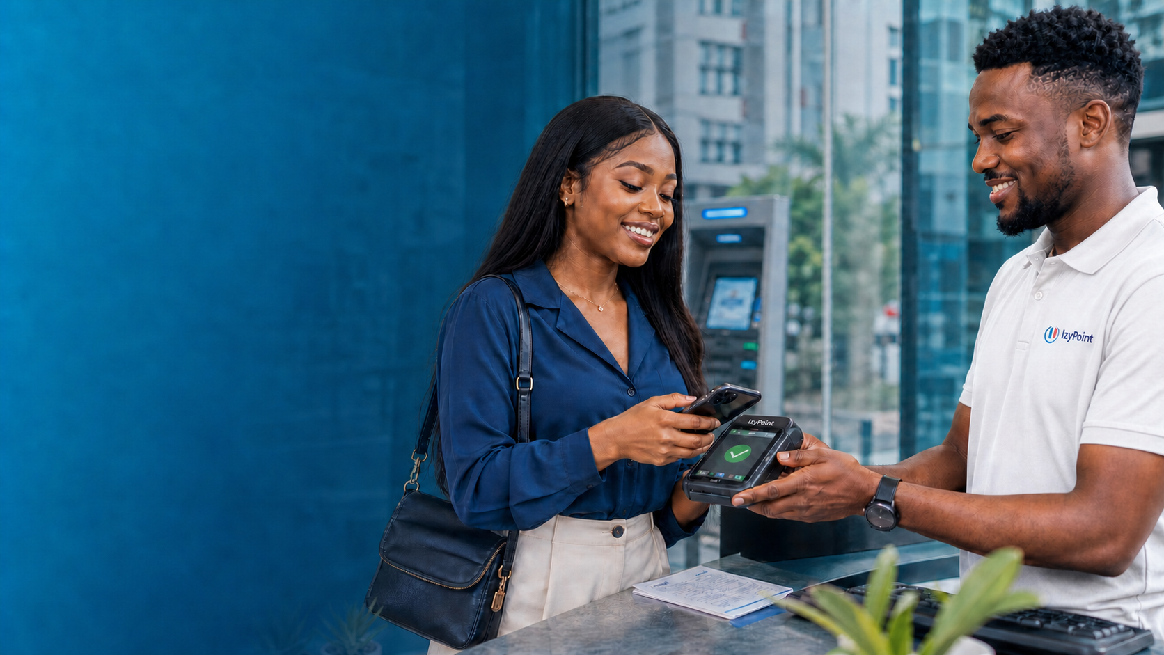 Customer completing a secure payment using an IzyPoint POS terminal